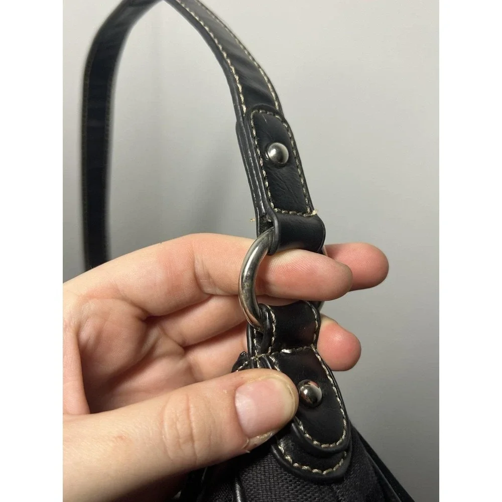 Y2K Nine West Black Canvas Shoulder Bag Purse Zip Top w/Silver Hardware 12x4x4